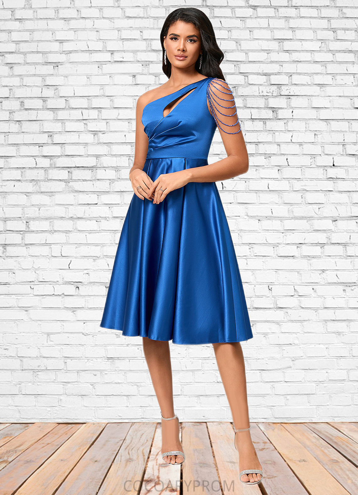 Tanya A-line One Shoulder Knee-Length Satin Cocktail Dress With Beading Pleated DA8P0022531