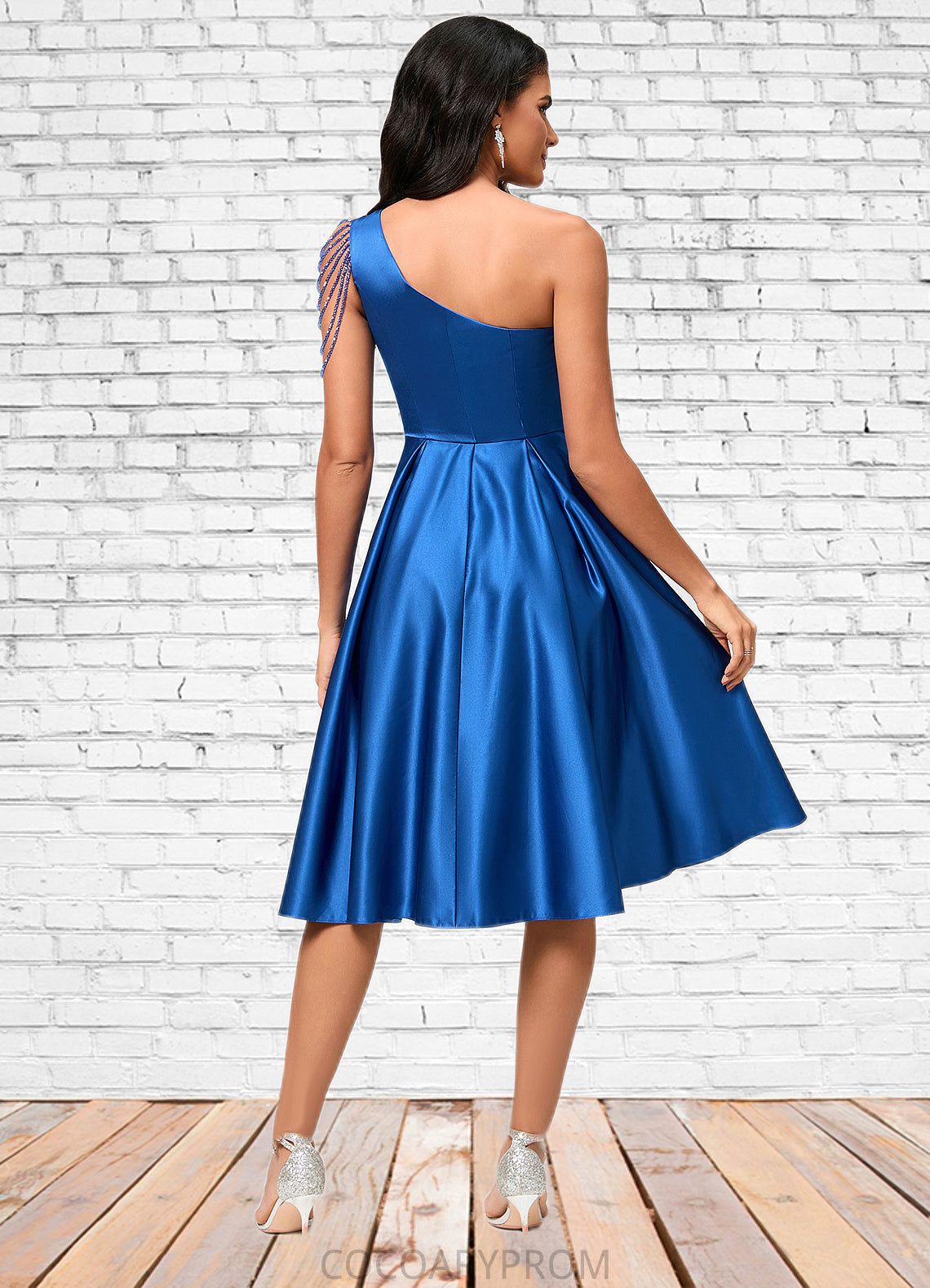 Tanya A-line One Shoulder Knee-Length Satin Cocktail Dress With Beading Pleated DA8P0022531