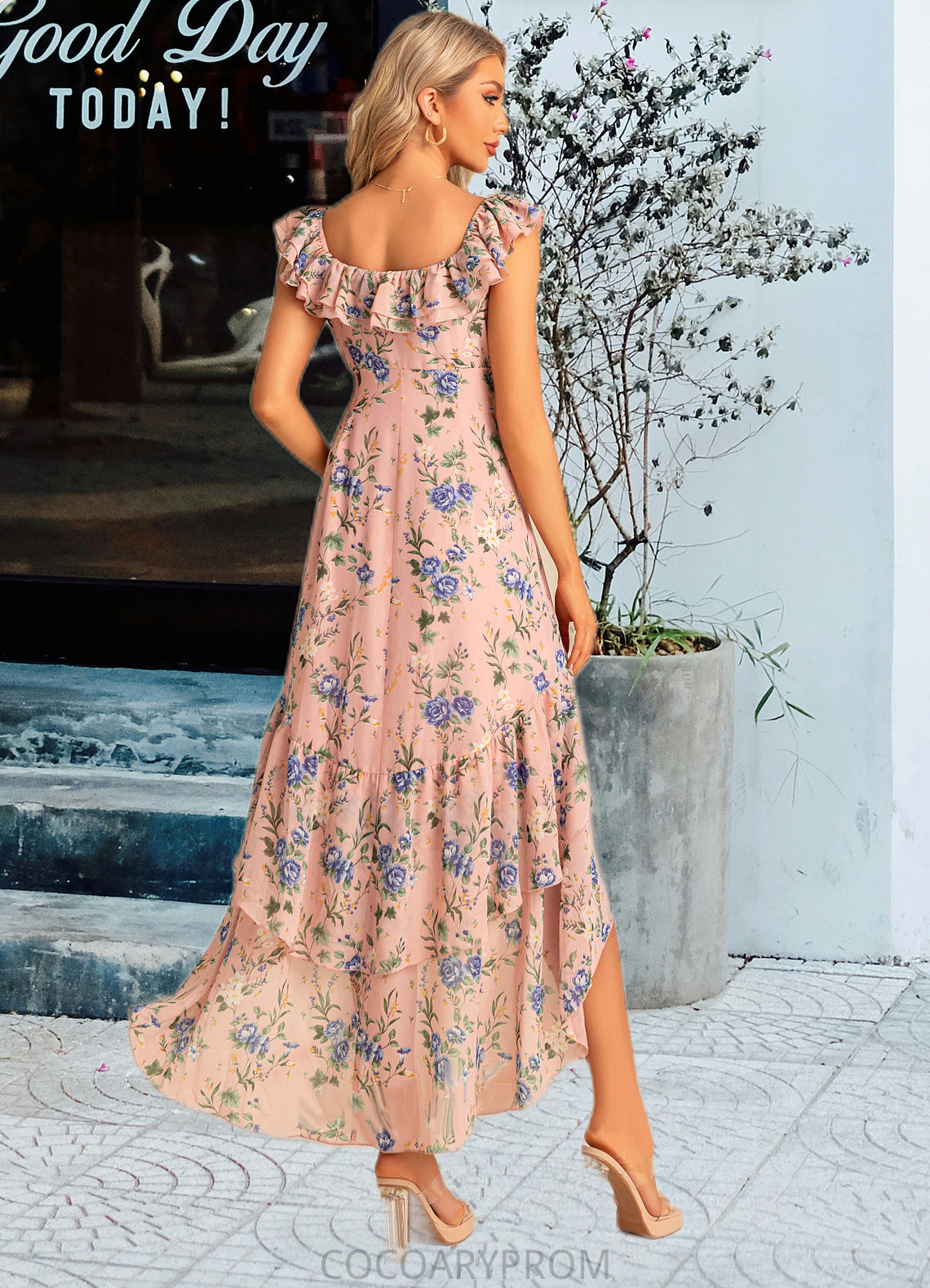 Rachel Trumpet/Mermaid Scoop Straight Floor-Length Asymmetrical Chiffon Bridesmaid Dress With Ruffle Floral Print DA8P0022569