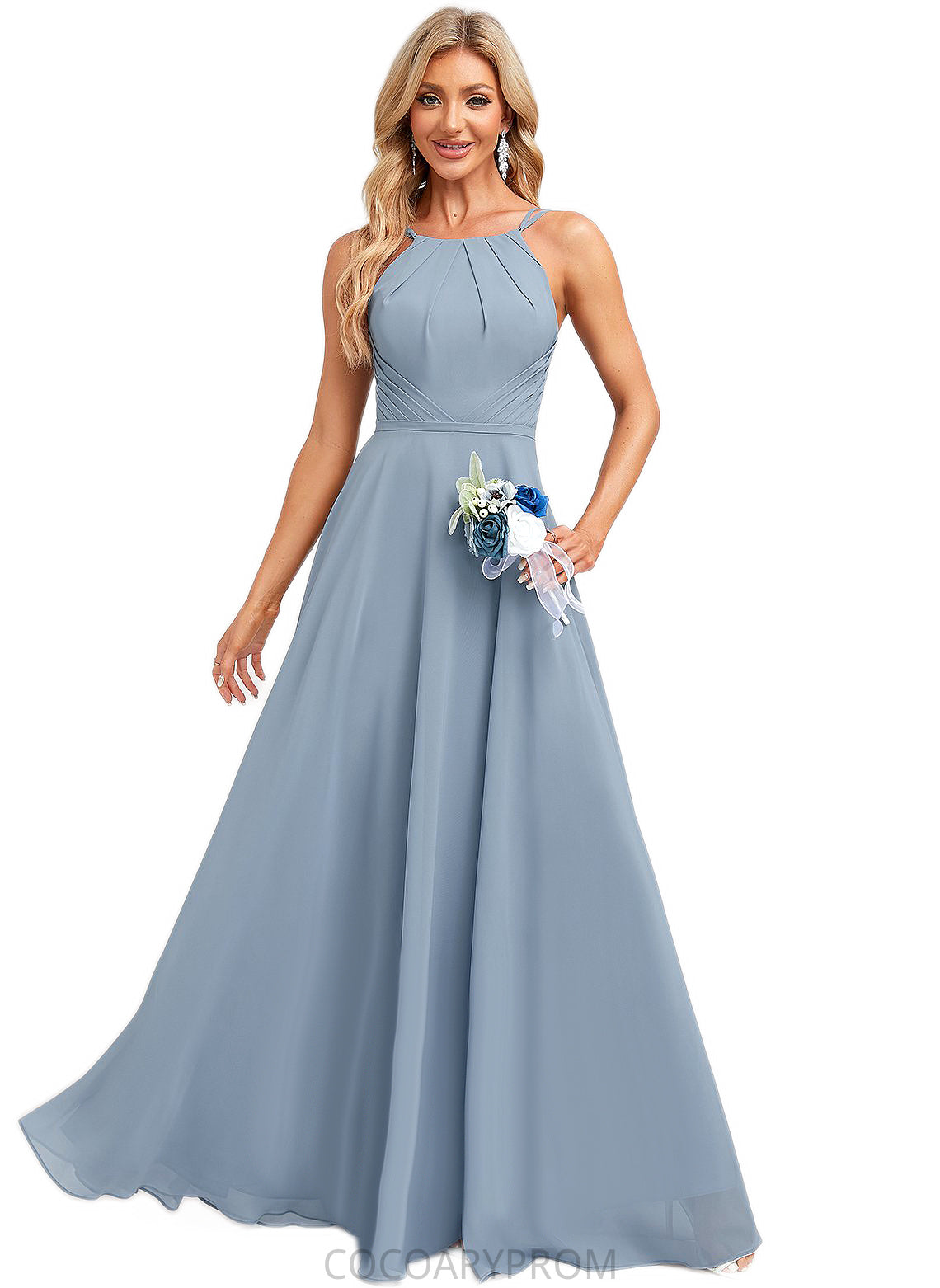 Stephany A-line Halter Floor-Length Chiffon Bridesmaid Dress DA8P0022575