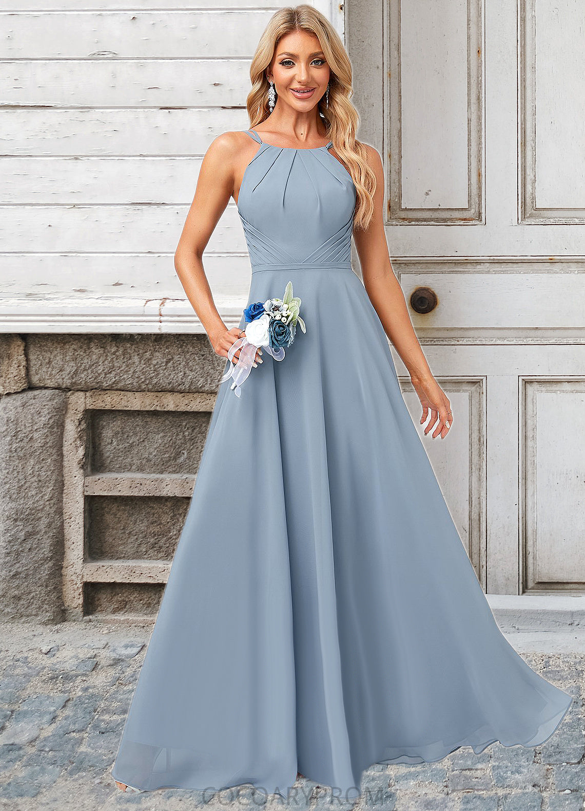 Blanche A-line Halter Floor-Length Chiffon Bridesmaid Dress DA8P0022575