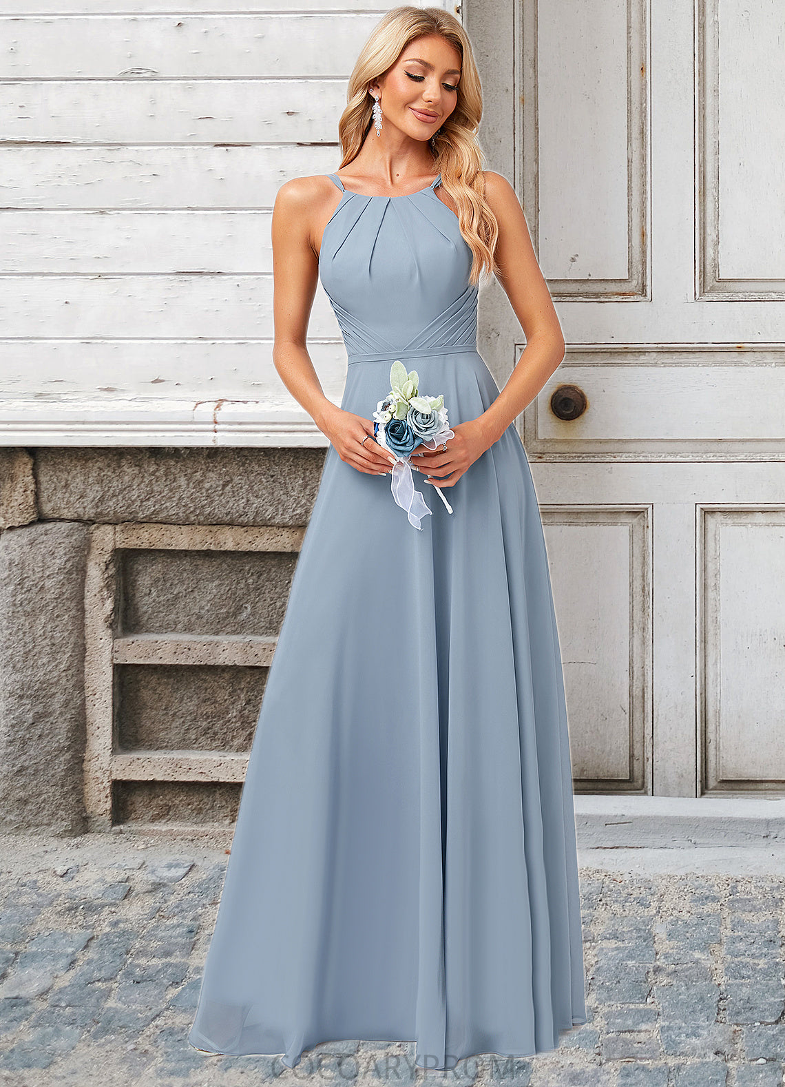 Blanche A-line Halter Floor-Length Chiffon Bridesmaid Dress DA8P0022575