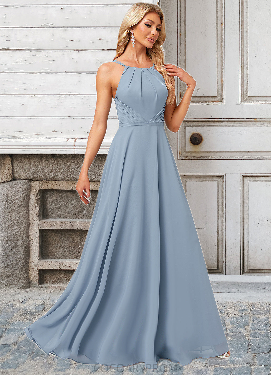 Blanche A-line Halter Floor-Length Chiffon Bridesmaid Dress DA8P0022575