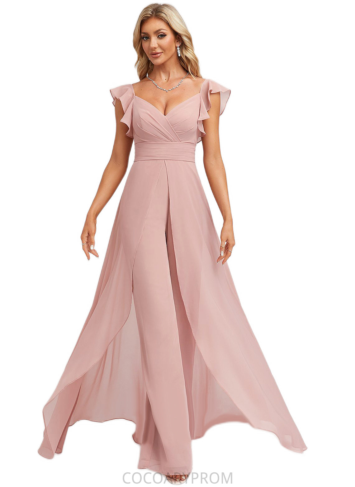 Sophie Jumpsuit/Pantsuit V-Neck Floor-Length Chiffon Bridesmaid Dress With Ruffle DA8P0022600