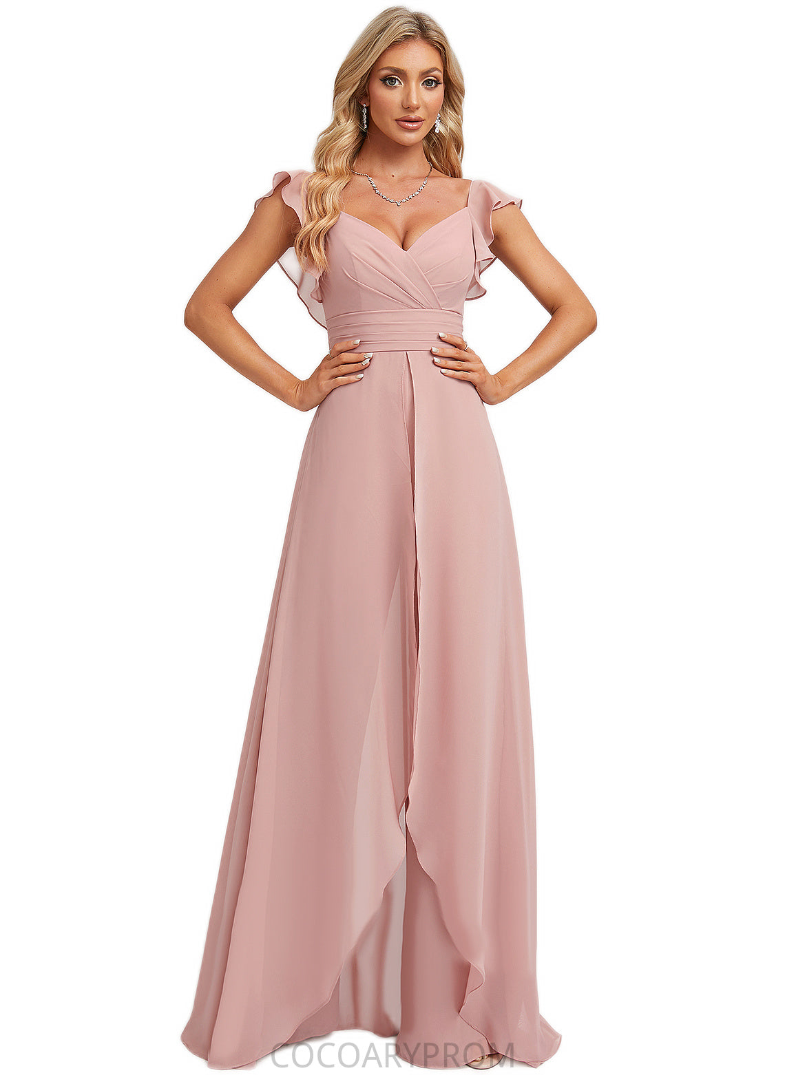 Sophie Jumpsuit/Pantsuit V-Neck Floor-Length Chiffon Bridesmaid Dress With Ruffle DA8P0022600