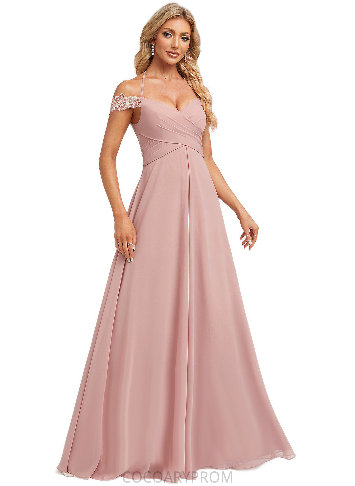 Cornelia A-line Cold Shoulder Halter Floor-Length Chiffon Lace Bridesmaid Dress DA8P0022601