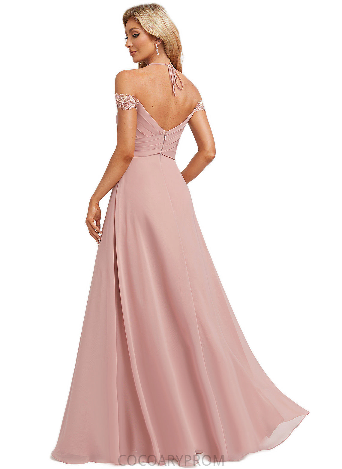 Cornelia A-line Cold Shoulder Halter Floor-Length Chiffon Lace Bridesmaid Dress DA8P0022601