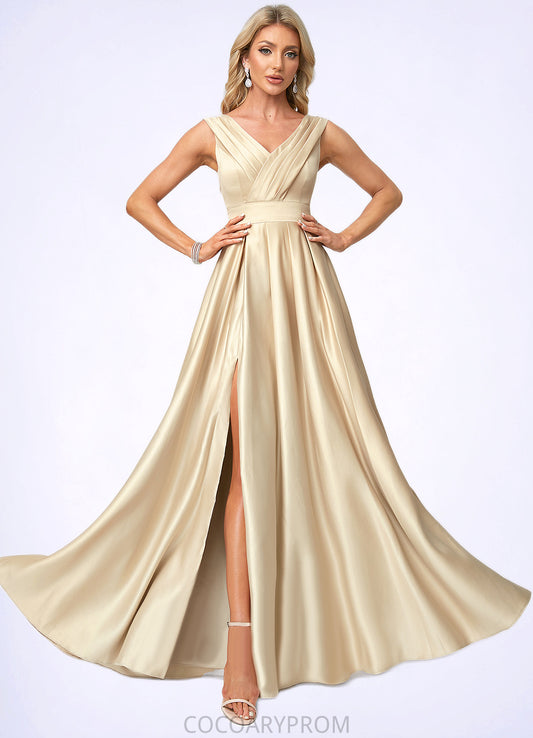 Stella A-line V-Neck Floor-Length Satin Bridesmaid Dress DA8P0022612