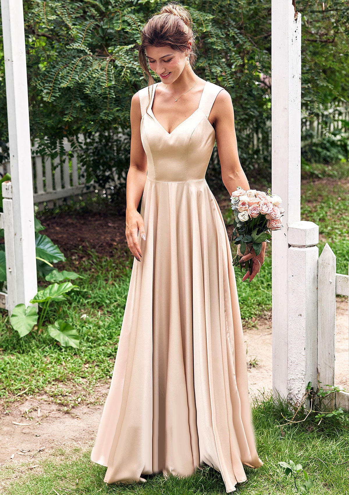 A-line V Neck Sleeveless Floor-Length Stretch Satin Bridesmaid Dresses with Pleated Tara DA8P0025266