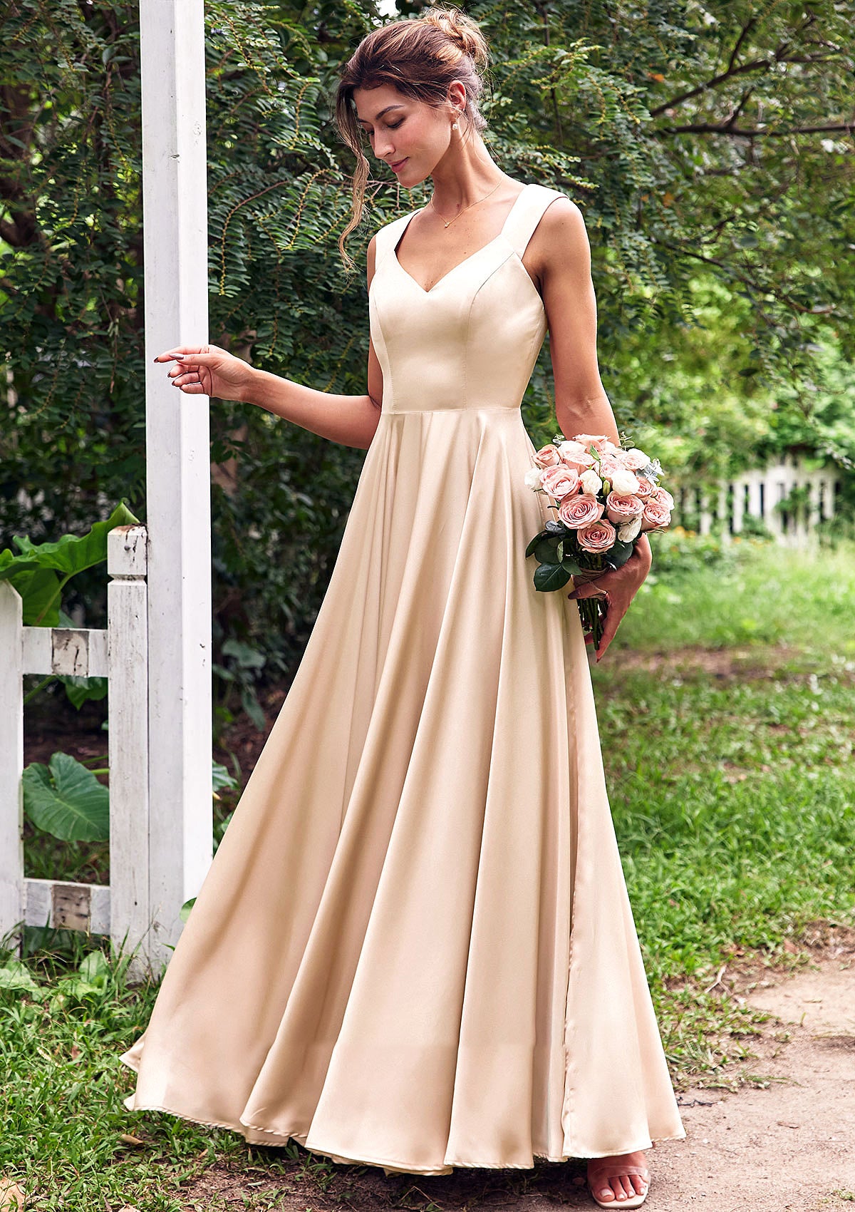 A-line V Neck Sleeveless Floor-Length Stretch Satin Bridesmaid Dresses with Pleated Tara DA8P0025266