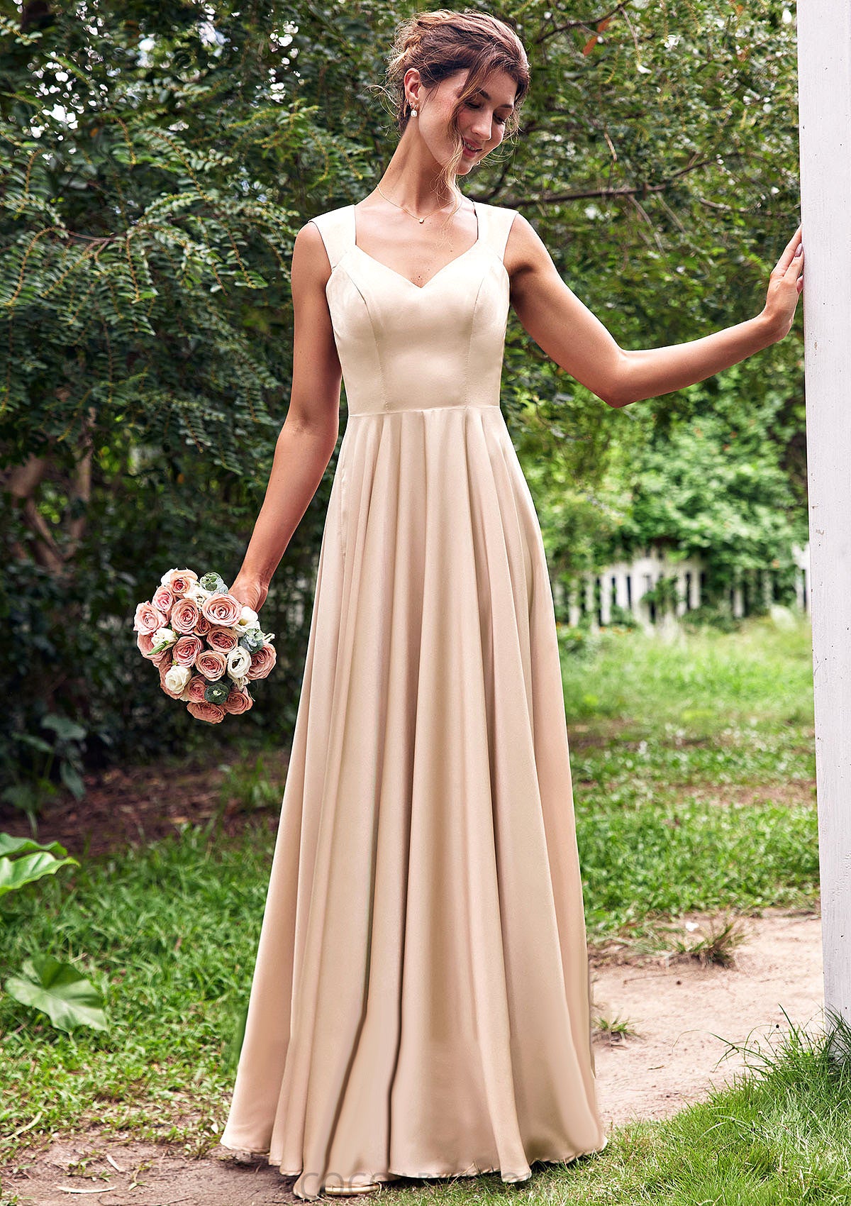 A-line V Neck Sleeveless Floor-Length Stretch Satin Bridesmaid Dresses with Pleated Tara DA8P0025266