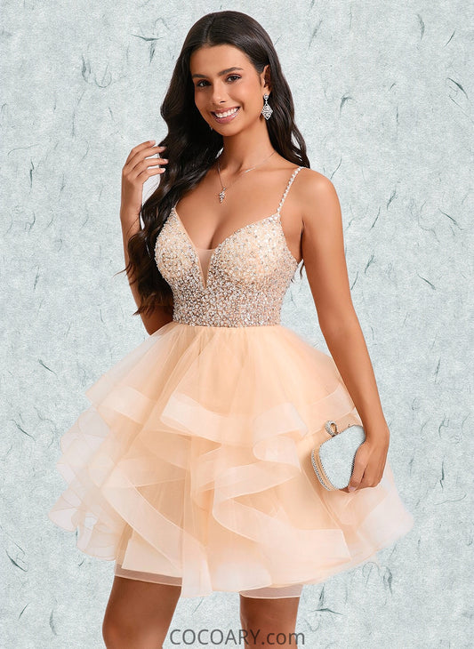 Myla Ball-Gown/Princess V-Neck Short Tulle Homecoming Dress With Beading Sequins DA8P0025646