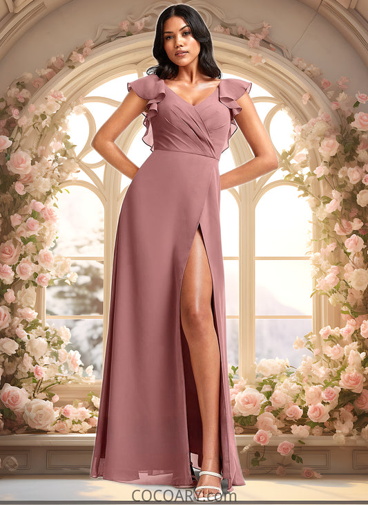 Florence A-line V-Neck Floor-Length Chiffon Bridesmaid Dress With Ruffle DA8P0025751