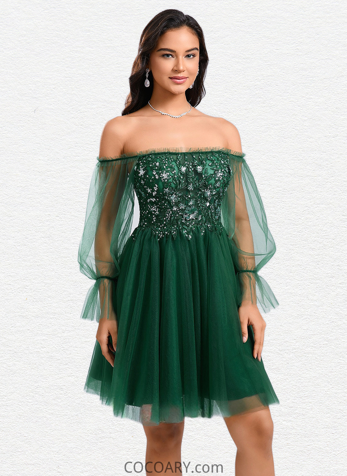 Leslie A-line Off the Shoulder Short Tulle Homecoming Dress With Sequins Appliques Lace DA8P0025663