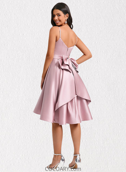 Mariana A-line V-Neck Asymmetrical Satin Homecoming Dress With Bow Pleated DA8P0025699