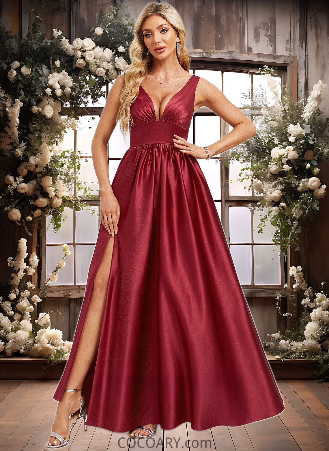 Amira A-line V-Neck Floor-Length Satin Bridesmaid Dress DA8P0025775