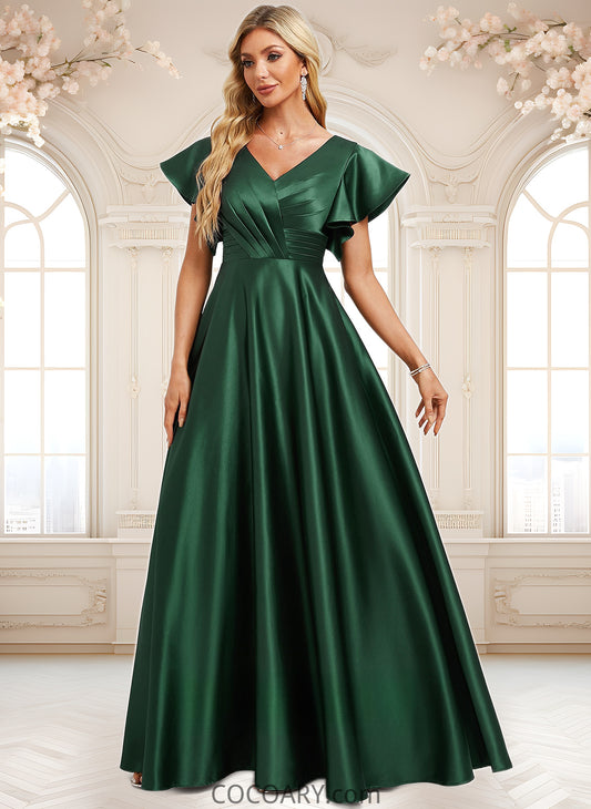 Maren A-line V-Neck Floor-Length Satin Bridesmaid Dress With Ruffle DA8P0025777