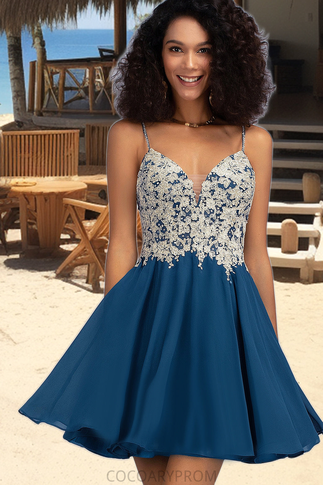 Melanie A-line V-Neck Short/Mini Chiffon Lace Homecoming Dress With Beading DA8P0020572