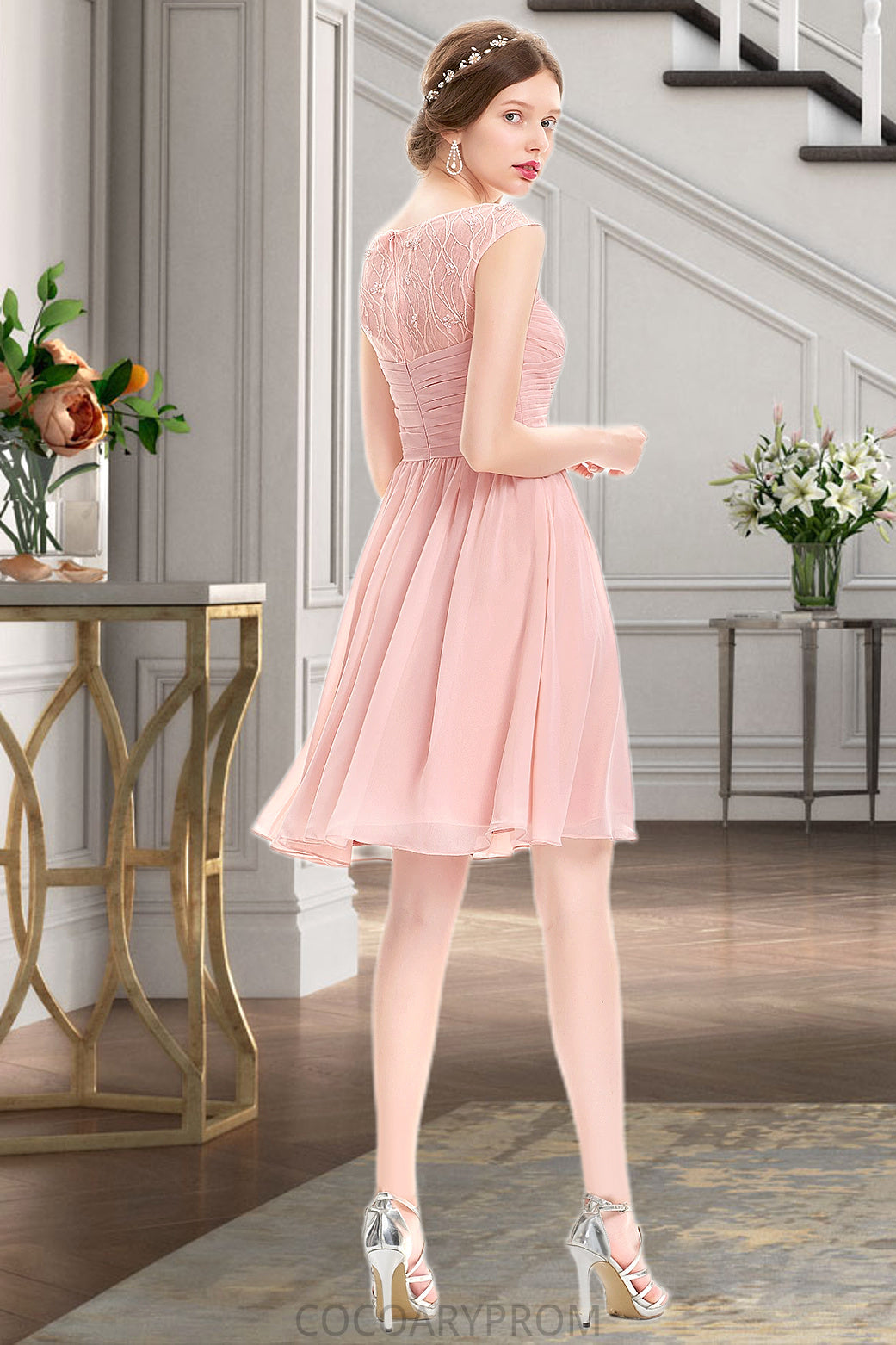 Emmalee A-line Scoop Knee-Length Chiffon Tulle Homecoming Dress With Beading Ruffle DA8P0020594