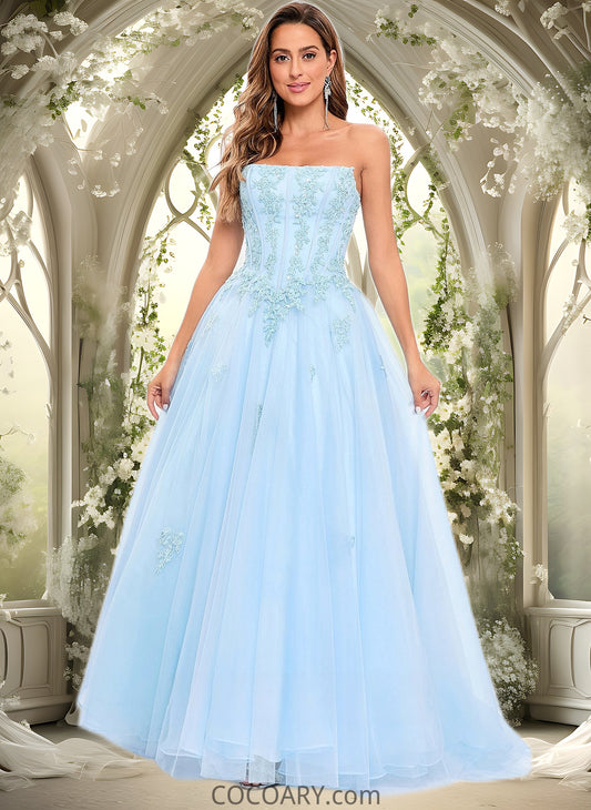 Aubrie Ball-Gown/Princess Straight Sweep Train Tulle Prom Dresses With Sequins Appliques Lace DA8P0025864