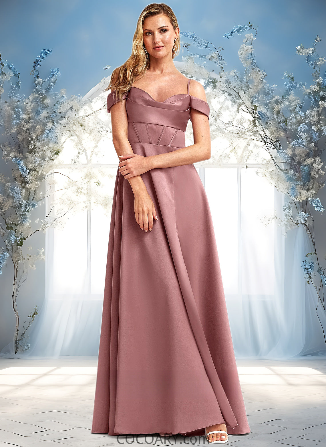 Sibyl A-line Cold Shoulder Floor-Length Satin Bridesmaid Dress DA8P0025750