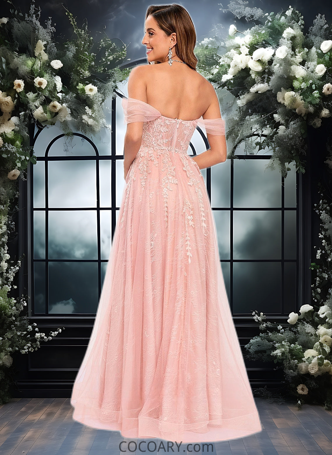 Jazlyn A-line Sweetheart Off the Shoulder Floor-Length Tulle Floral Lace Prom Dresses With Appliques Lace DA8P0025870