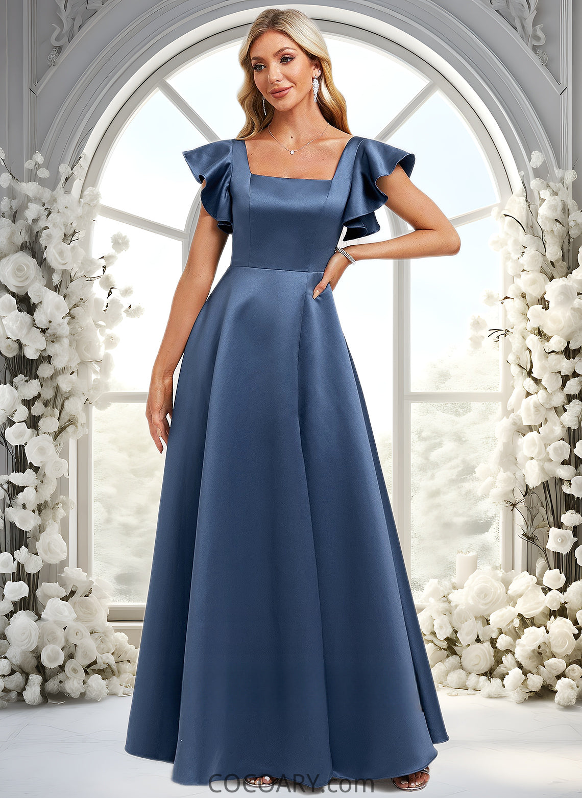 Noemi A-line Square Floor-Length Satin Bridesmaid Dress With Ruffle DA8P0025774