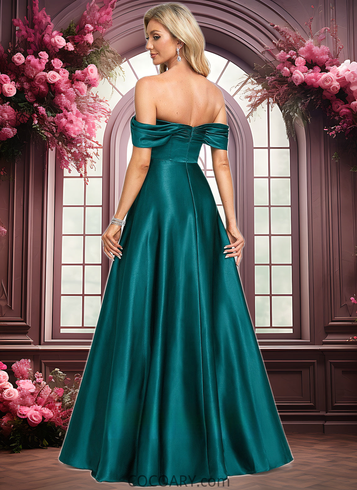 Payten A-line Off the Shoulder Floor-Length Stretch Satin Prom Dresses DA8P0025879