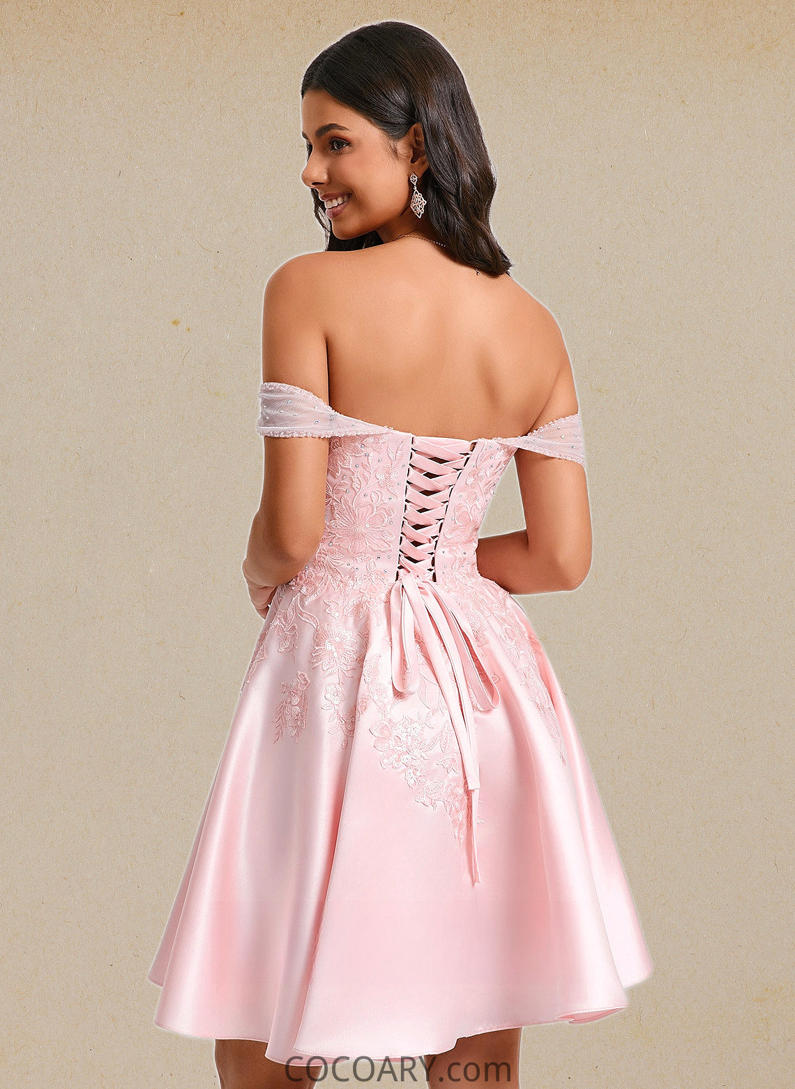 Ariana A-line Off the Shoulder Short Satin Homecoming Dress With Rhinestone Beading Appliques Lace DA8P0025679