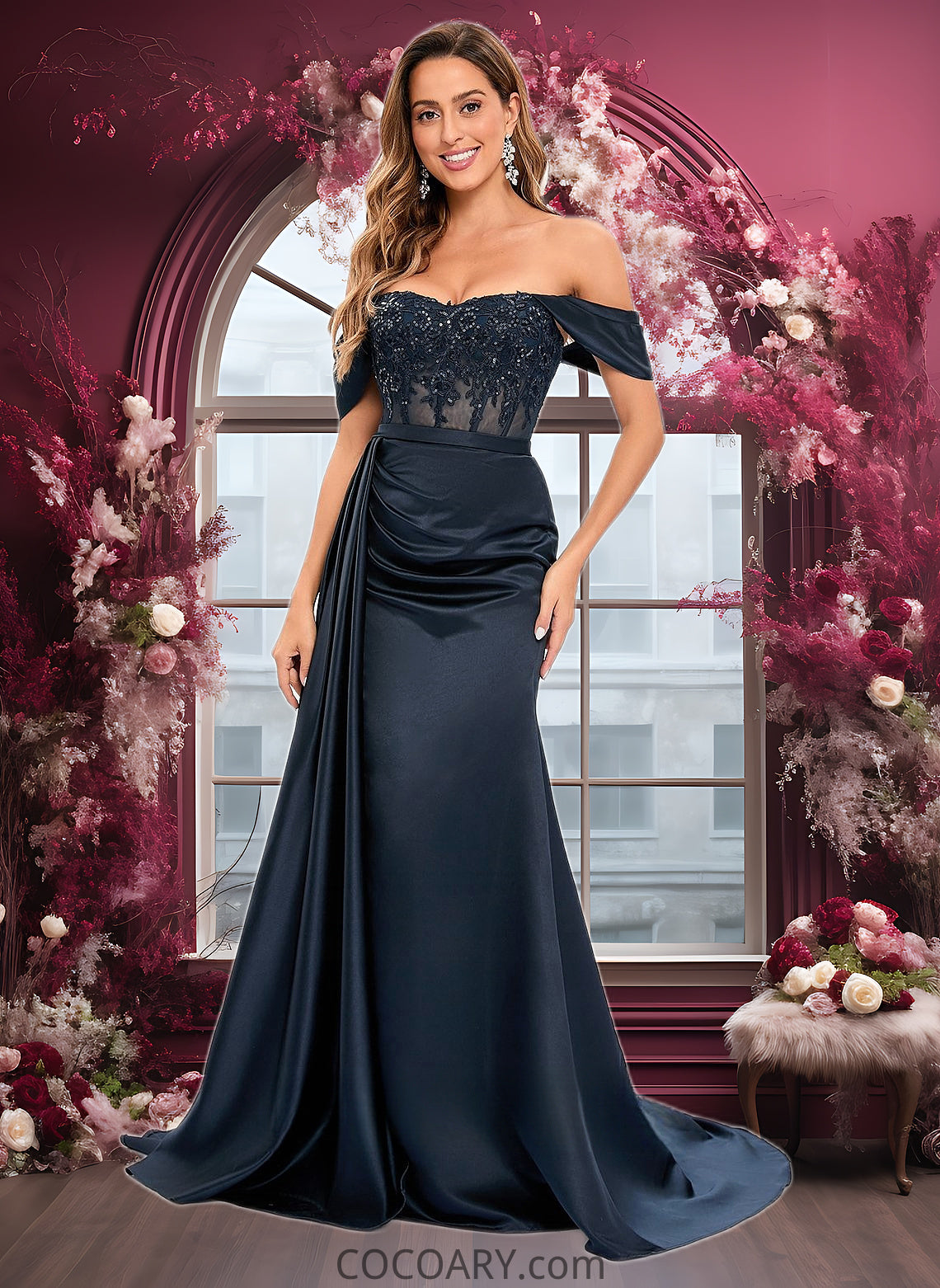 Lina Trumpet/Mermaid Off the Shoulder Sweep Train Satin Prom Dresses With Sequins Appliques Lace DA8P0025835