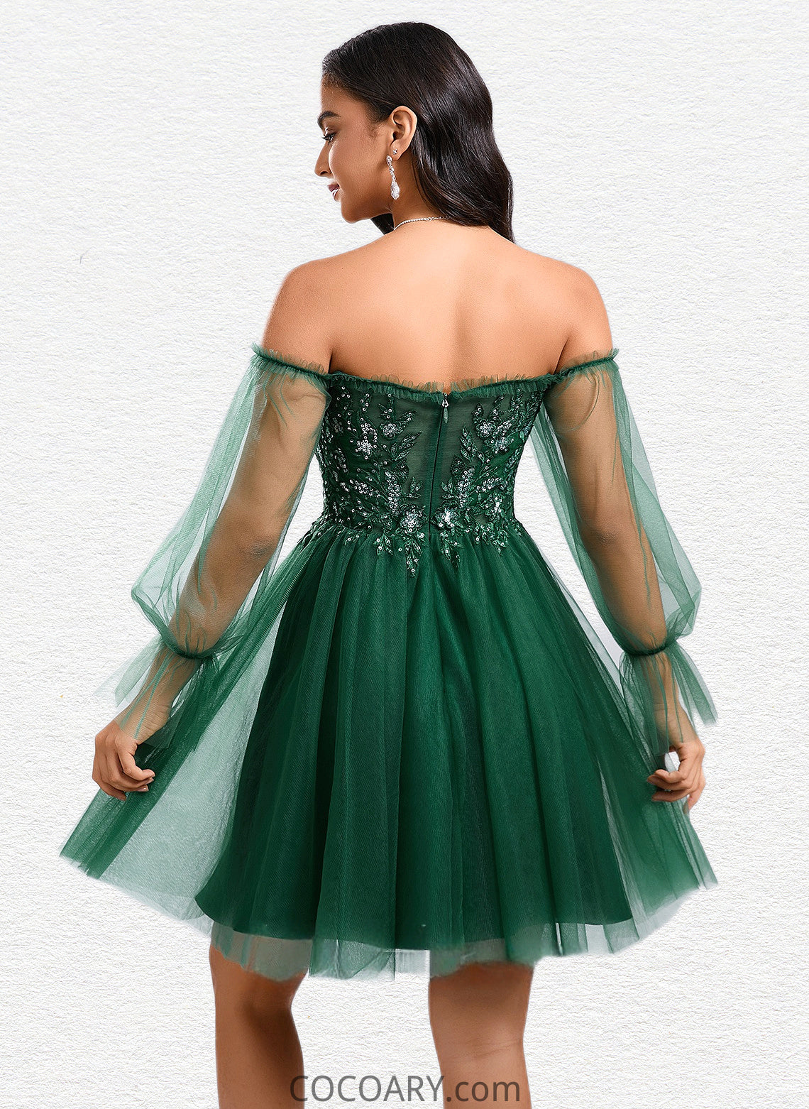 Leslie A-line Off the Shoulder Short Tulle Homecoming Dress With Sequins Appliques Lace DA8P0025663