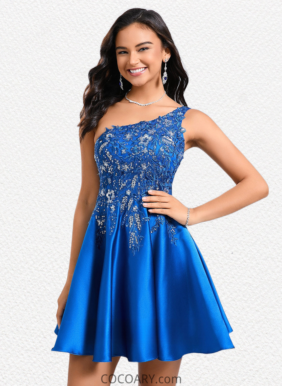 Rosalyn A-line One Shoulder Short Satin Homecoming Dress With Appliques Lace Sequins DA8P0025657