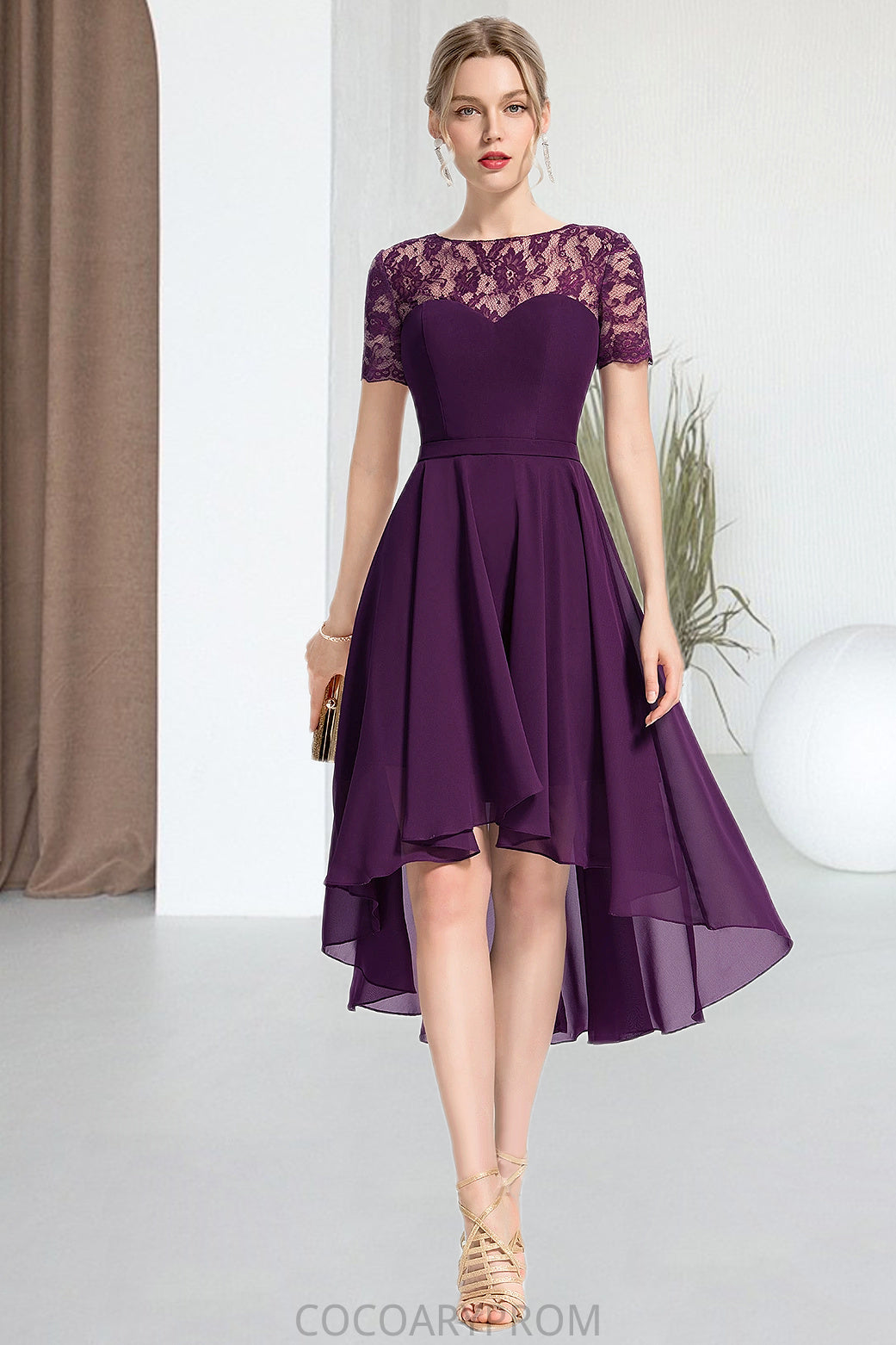 Jade A-line Scoop Asymmetrical Chiffon Lace Homecoming Dress DA8P0020587