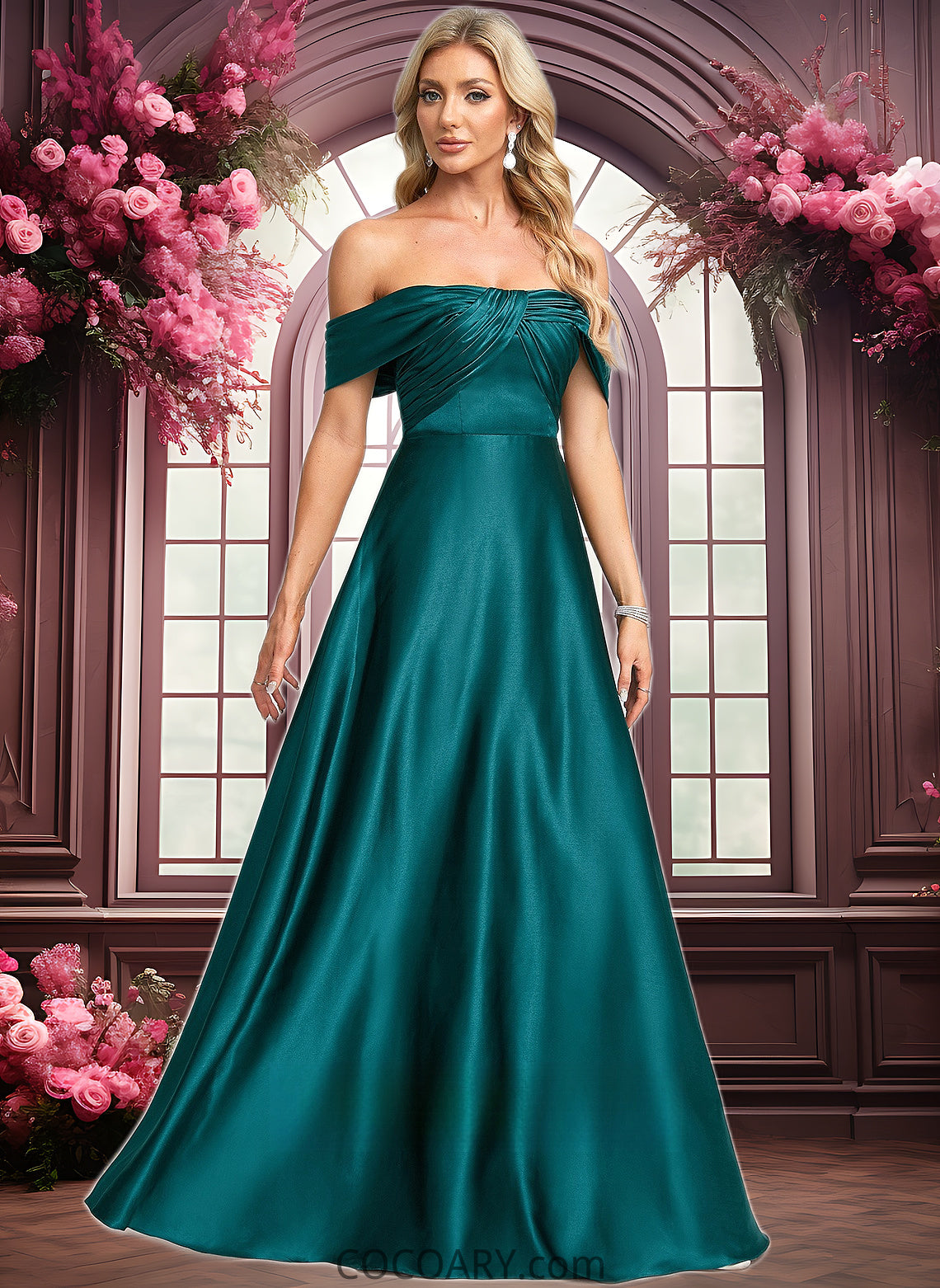 Payten A-line Off the Shoulder Floor-Length Stretch Satin Prom Dresses DA8P0025879