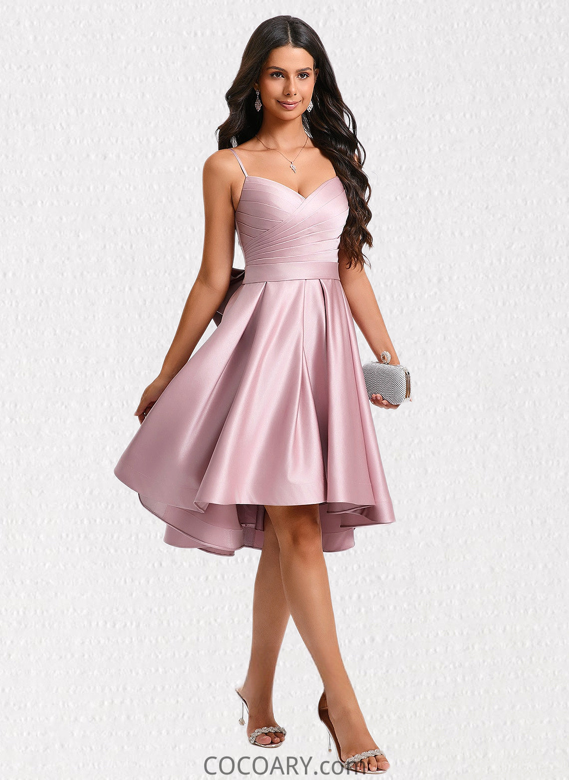 Mariana A-line V-Neck Asymmetrical Satin Homecoming Dress With Bow Pleated DA8P0025699