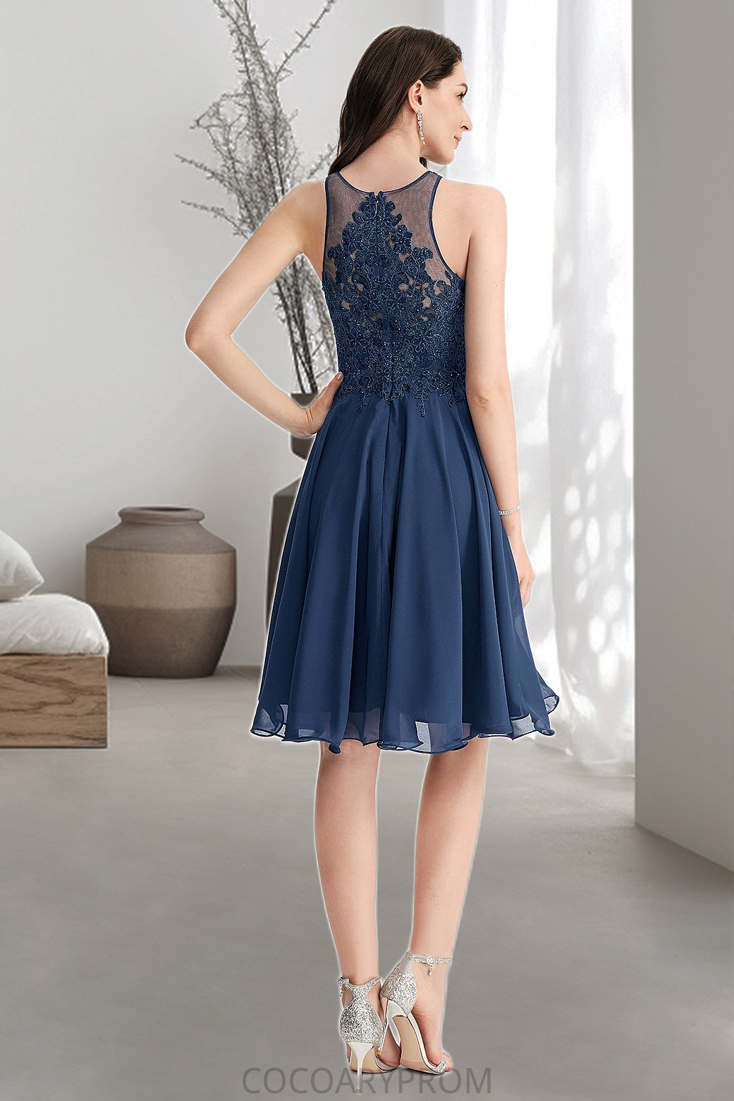 Jemima A-line Scoop Knee-Length Chiffon Lace Homecoming Dress With Beading DA8P0020515