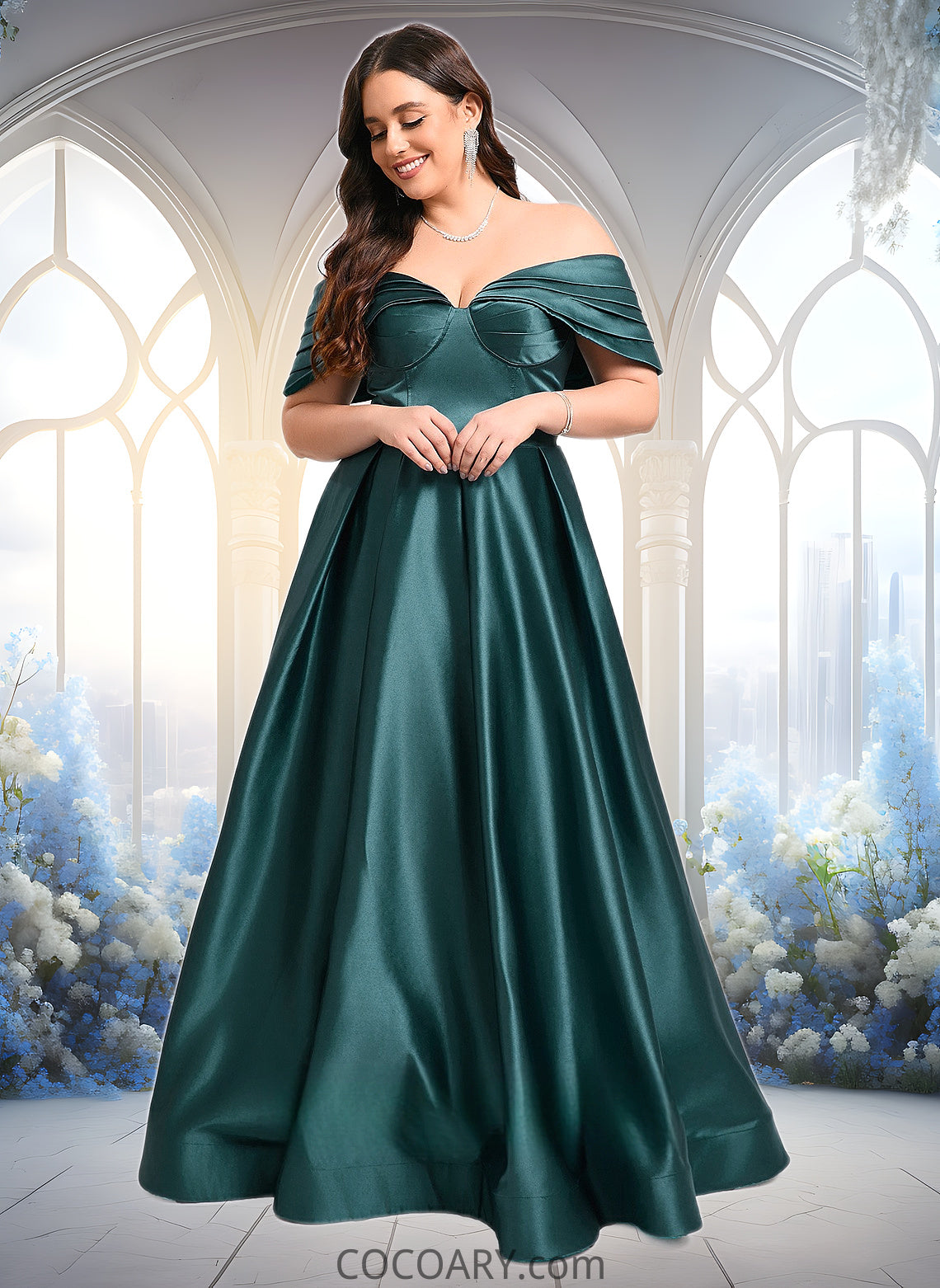 Cristina A-line Off the Shoulder Floor-Length Satin Prom Dresses With Pleated DA8P0025851