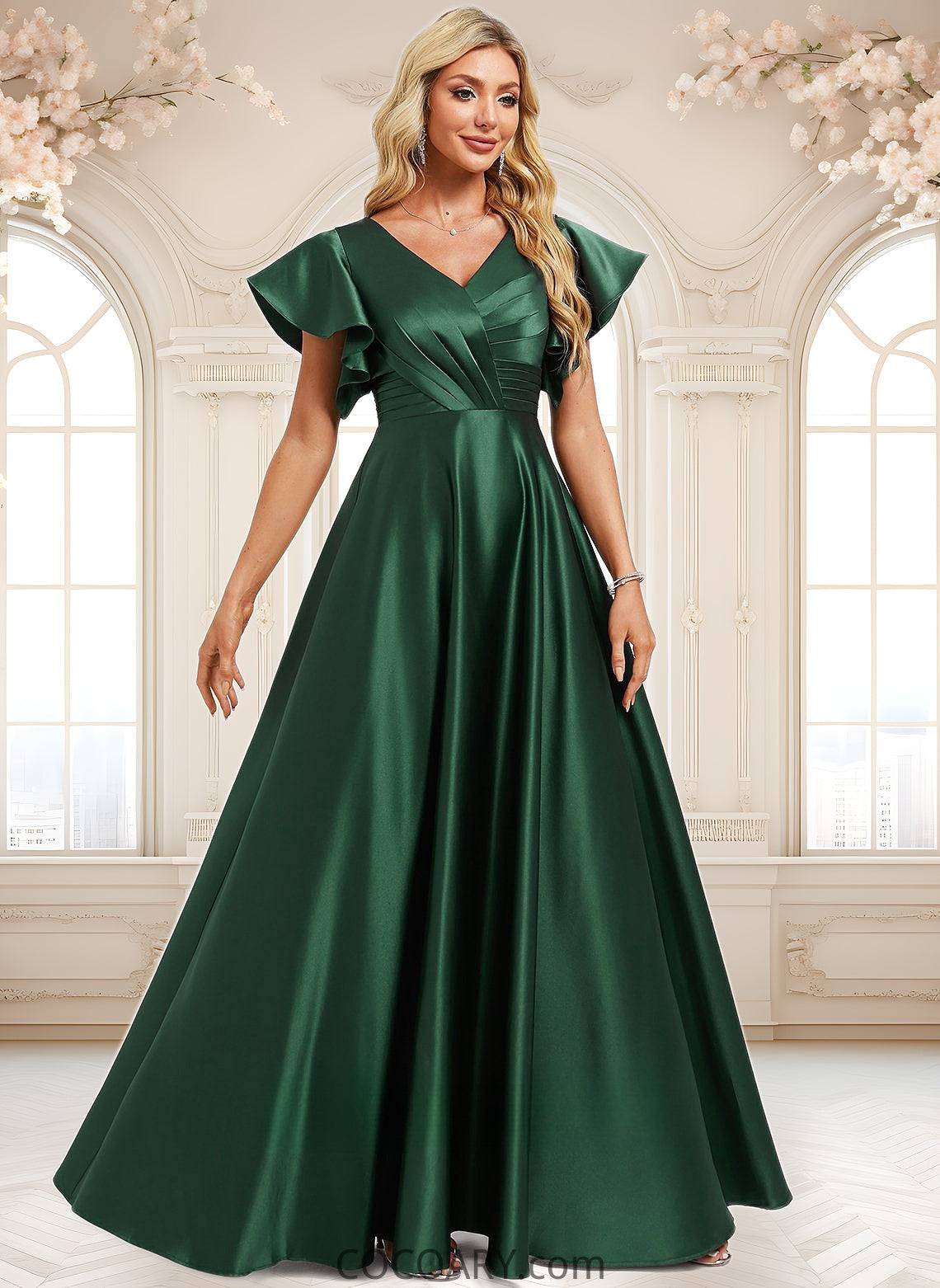 Maren A-line V-Neck Floor-Length Satin Bridesmaid Dress With Ruffle DA8P0025777