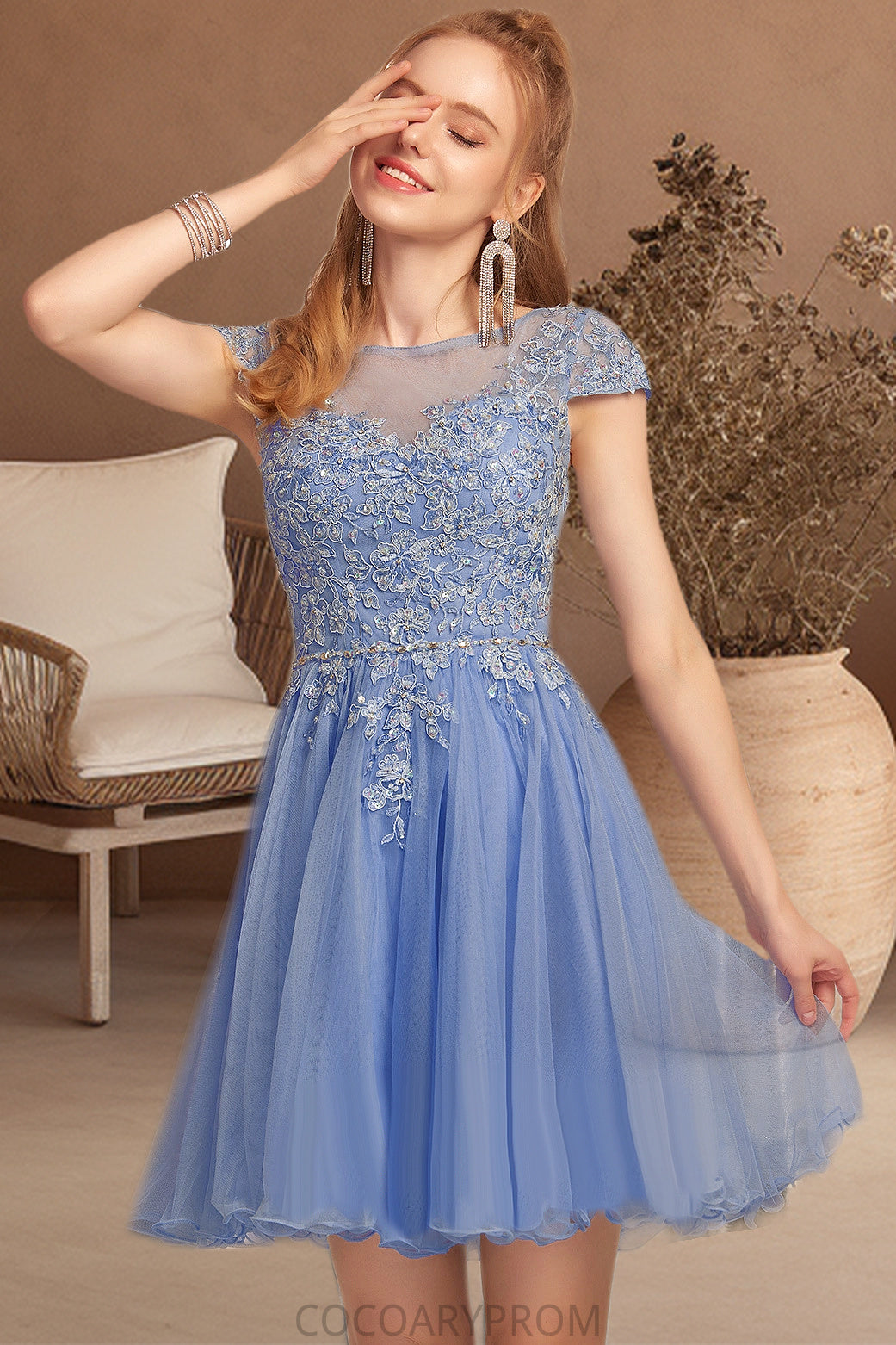 Aurora A-line Scoop Short/Mini Tulle Homecoming Dress With Beading Appliques Lace DA8P0020547