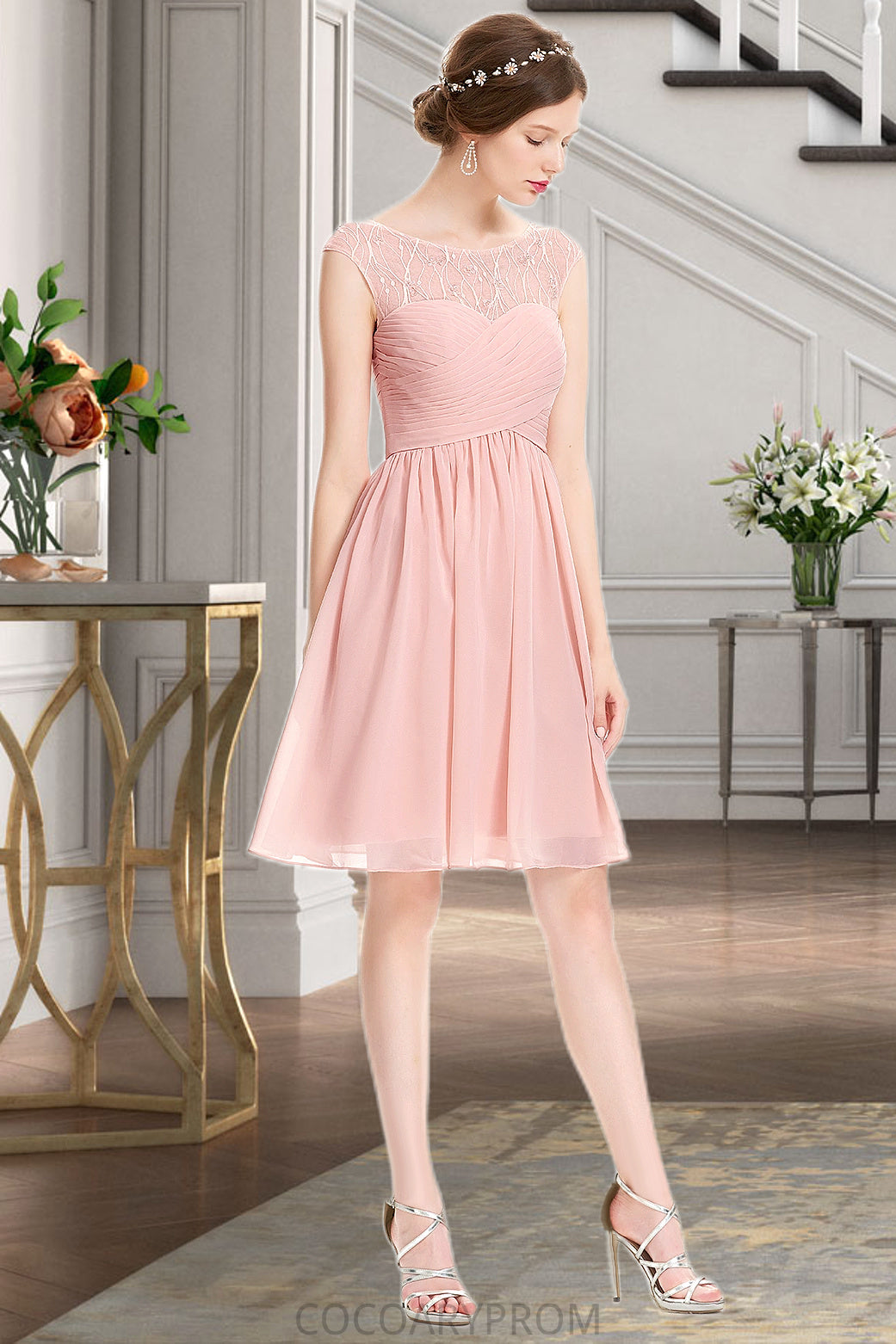 Emmalee A-line Scoop Knee-Length Chiffon Tulle Homecoming Dress With Beading Ruffle DA8P0020594