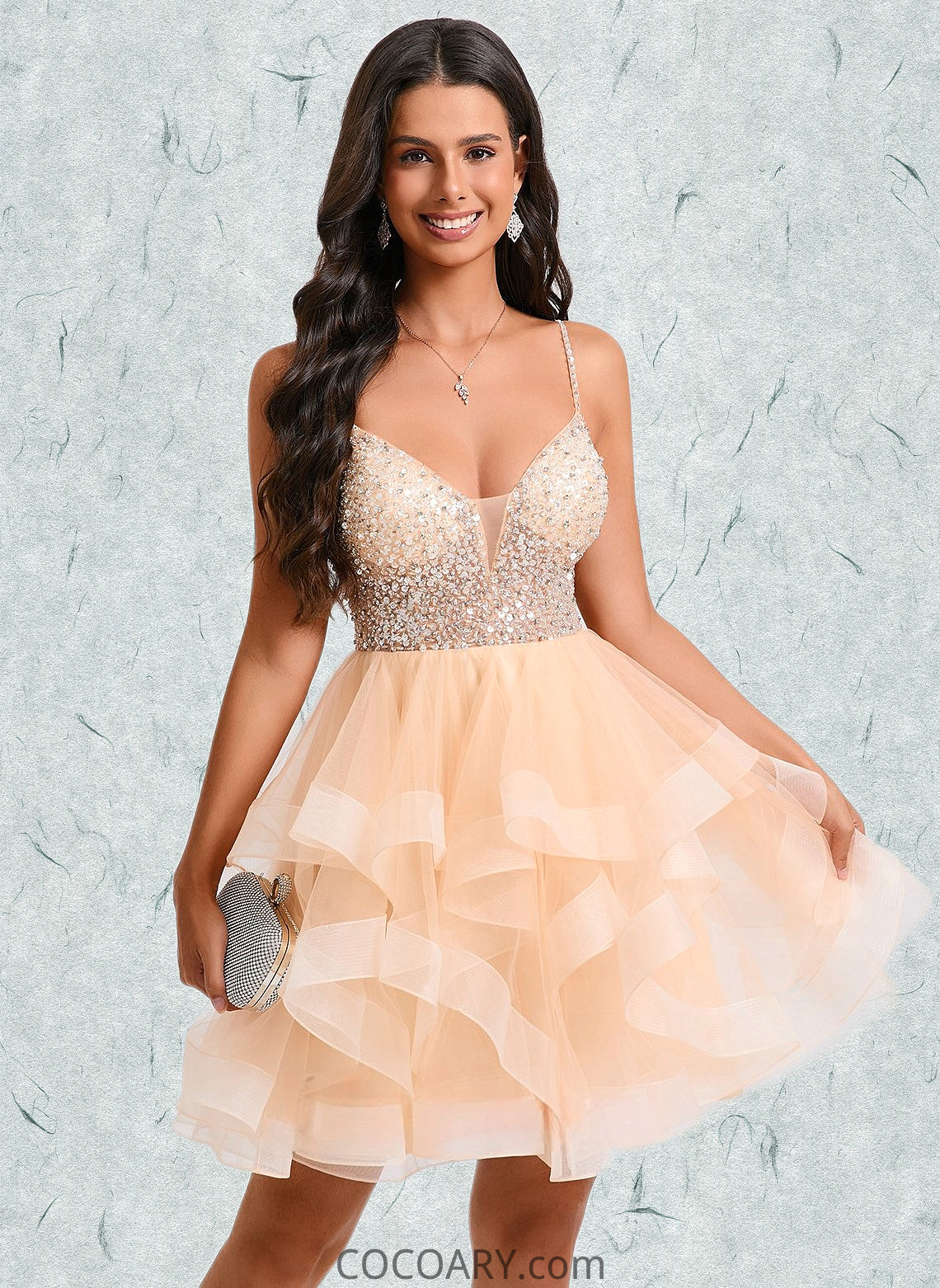 Myla Ball-Gown/Princess V-Neck Short Tulle Homecoming Dress With Beading Sequins DA8P0025646