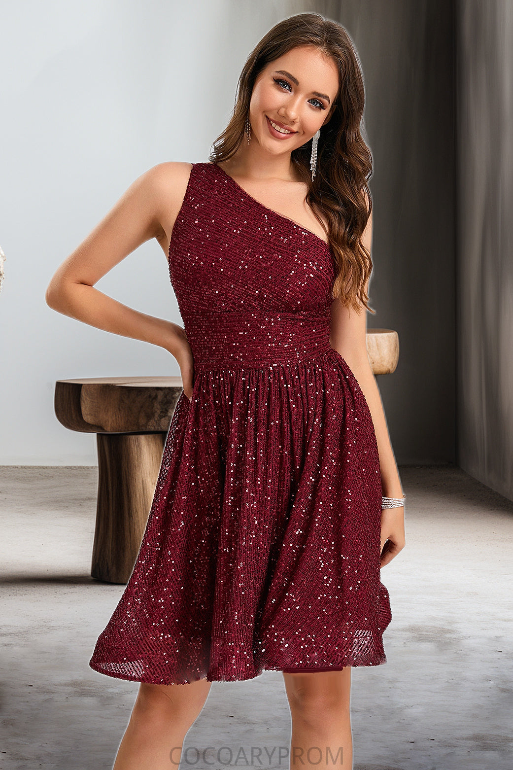 Ashtyn A-line One Shoulder Short/Mini Sequin Homecoming Dress With Sequins DA8P0020485