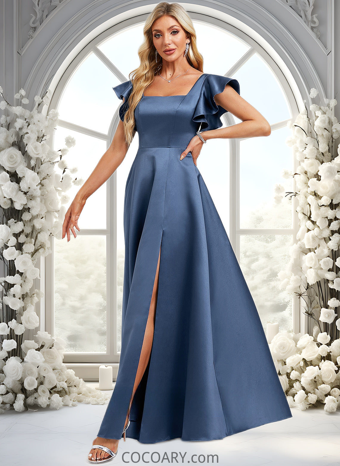 Noemi A-line Square Floor-Length Satin Bridesmaid Dress With Ruffle DA8P0025774