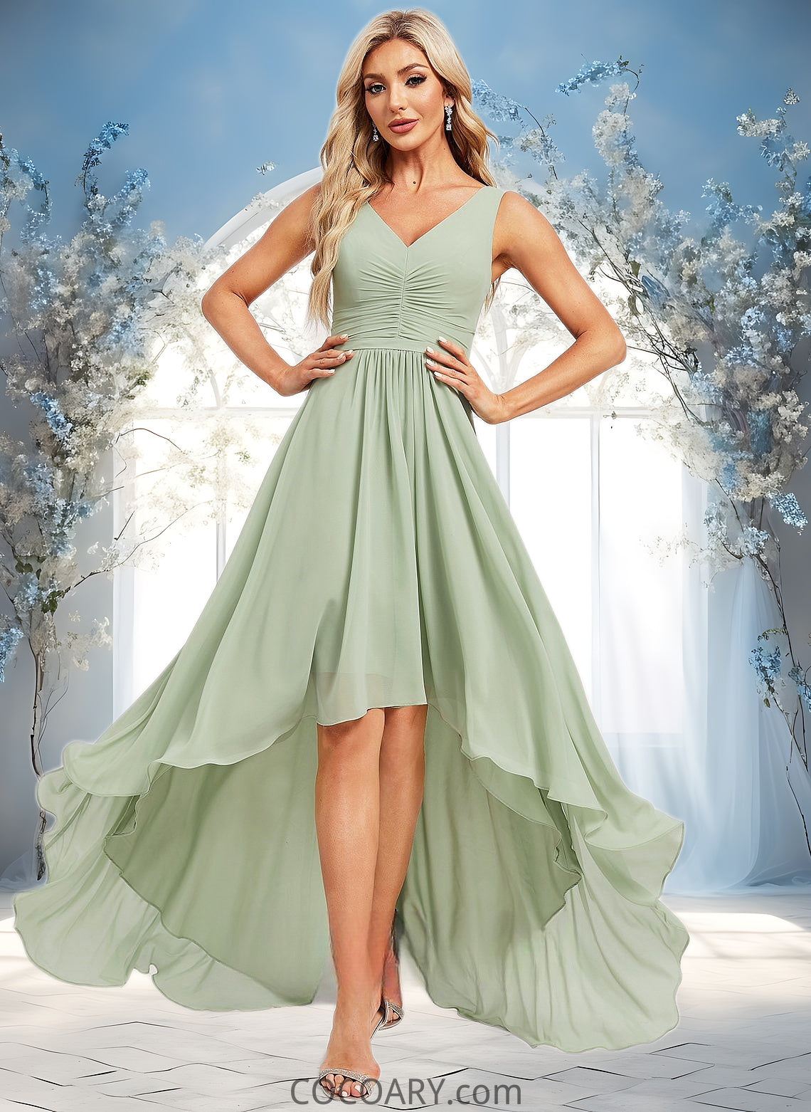 Emely A-line V-Neck Asymmetrical Chiffon Bridesmaid Dress DA8P0025809