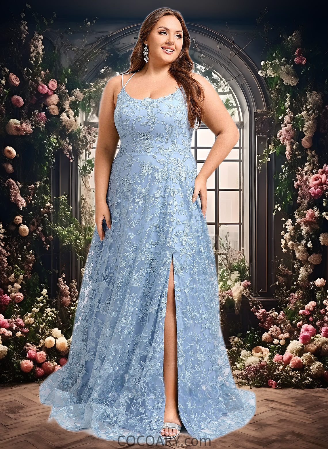 Makena A-line Scoop Floor-Length Lace Floral Prom Dresses DA8P0025847