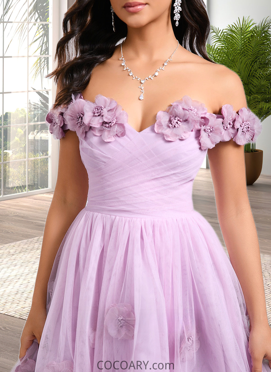 Jazlynn Ball-Gown/Princess Off the Shoulder Short Tulle Homecoming Dress With Pleated Flower DA8P0025668