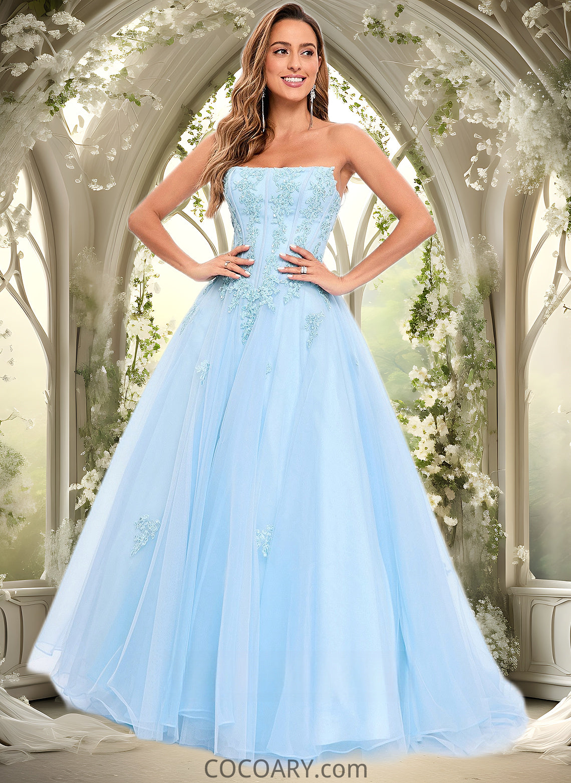 Aubrie Ball-Gown/Princess Straight Sweep Train Tulle Prom Dresses With Sequins Appliques Lace DA8P0025864