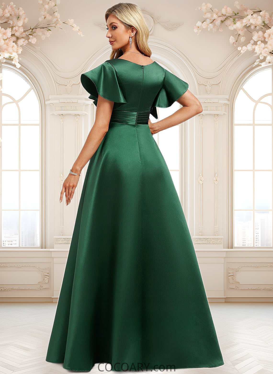 Maren A-line V-Neck Floor-Length Satin Bridesmaid Dress With Ruffle DA8P0025777