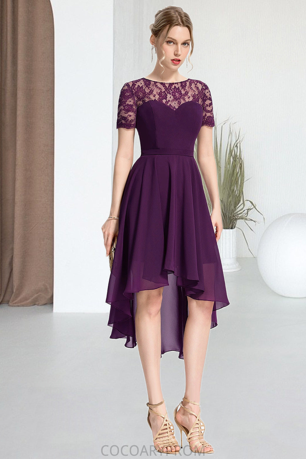 Jade A-line Scoop Asymmetrical Chiffon Lace Homecoming Dress DA8P0020587