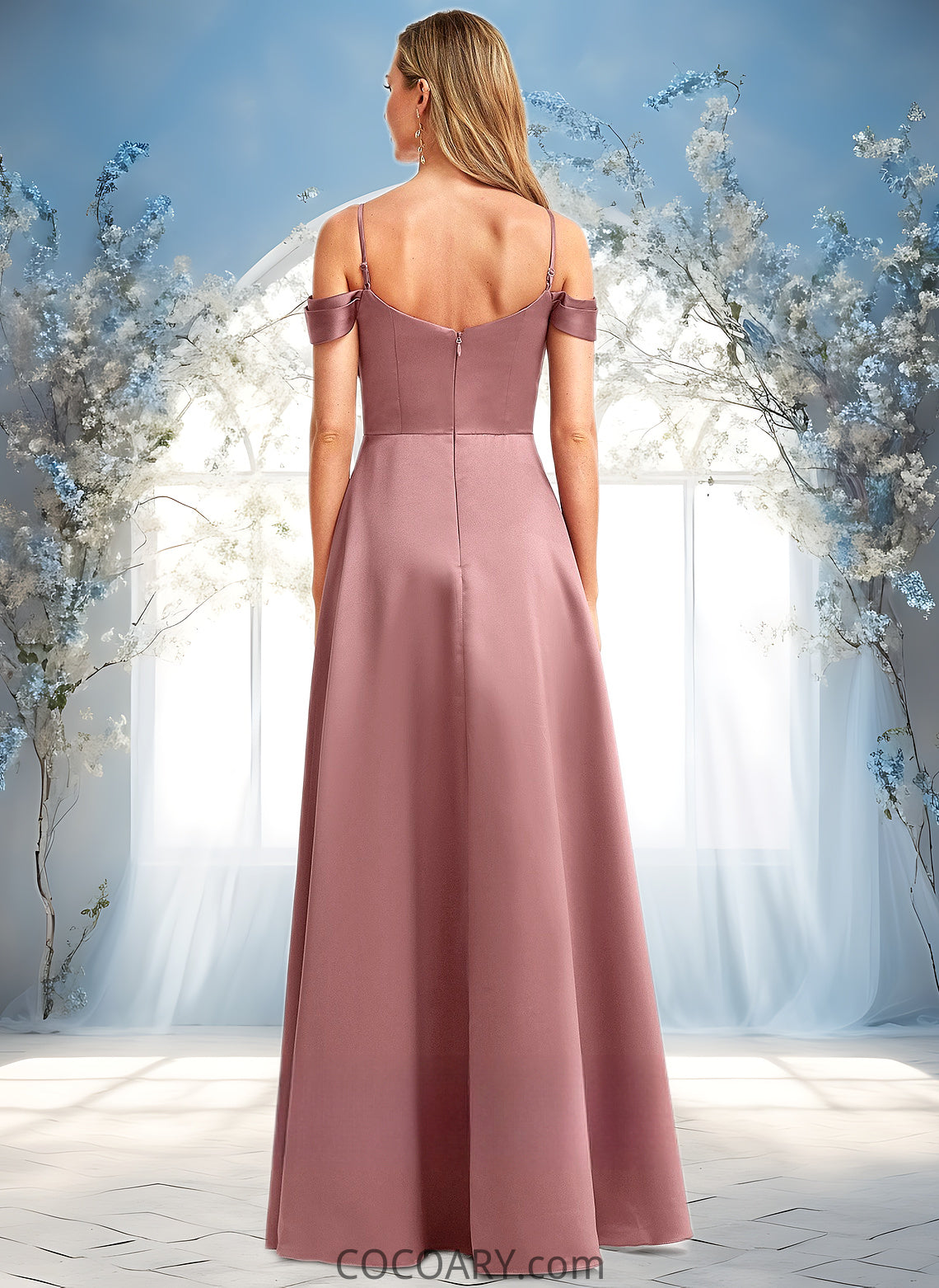 Sibyl A-line Cold Shoulder Floor-Length Satin Bridesmaid Dress DA8P0025750